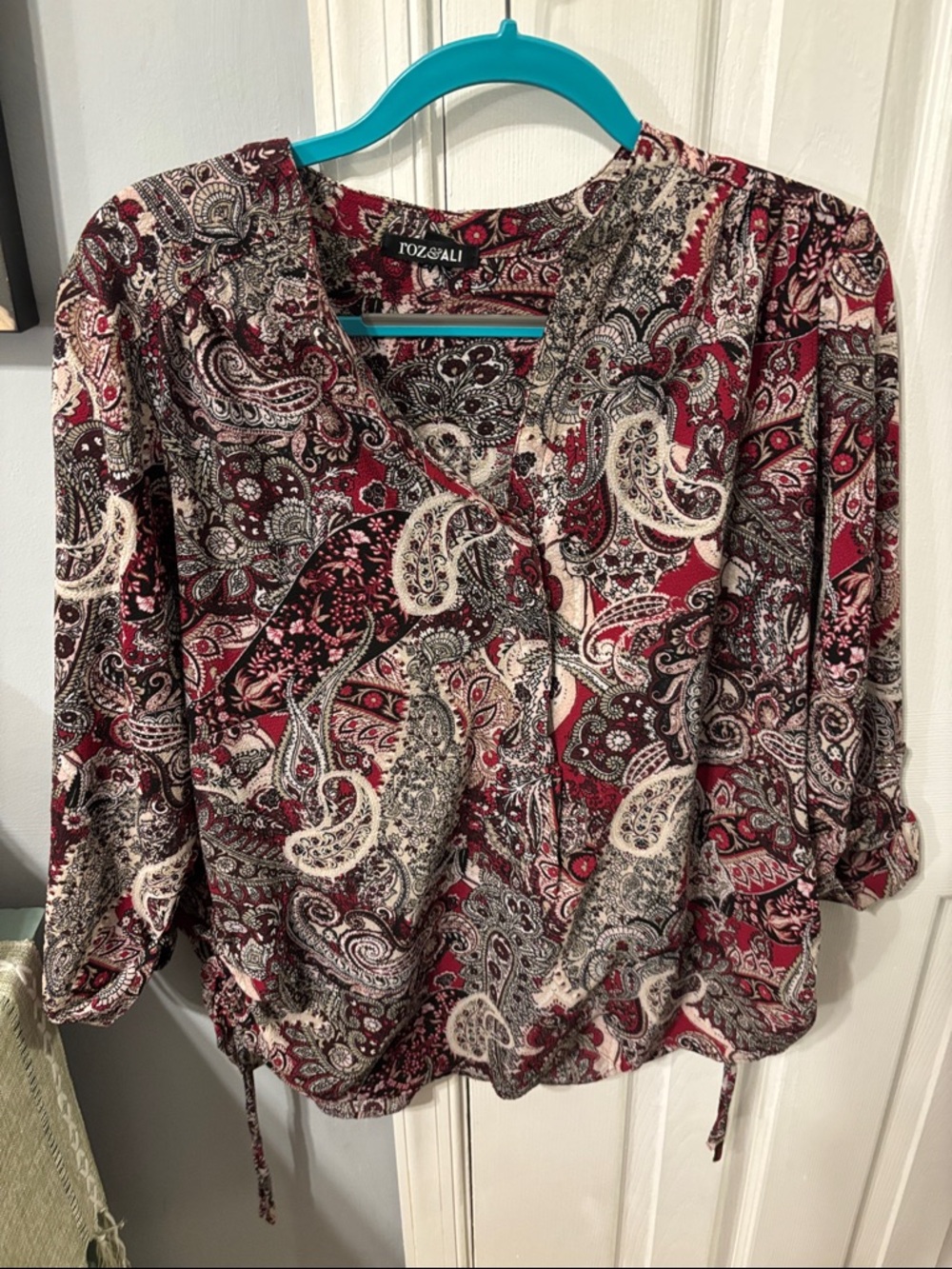 Roz & Ali Burgundy Paisley V-Neck Blouse